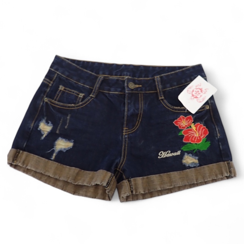 Hawaii Embroidered Red Hibiscus Women's Blue Jeans Shorts Size 26 Hawaiian Denim